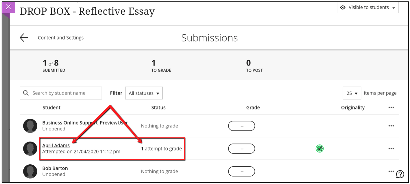 Screenshot of the Grade Centre, red outline and arrows indicate what you can click on to initiate the online marking process.