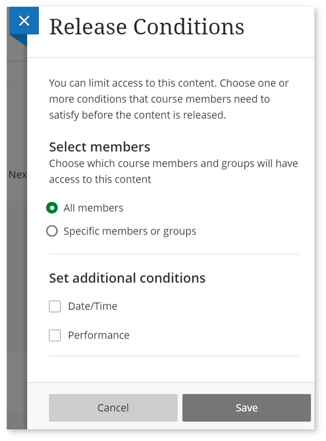 Image shows a screenshot of the 'Release Conditions' settings panel