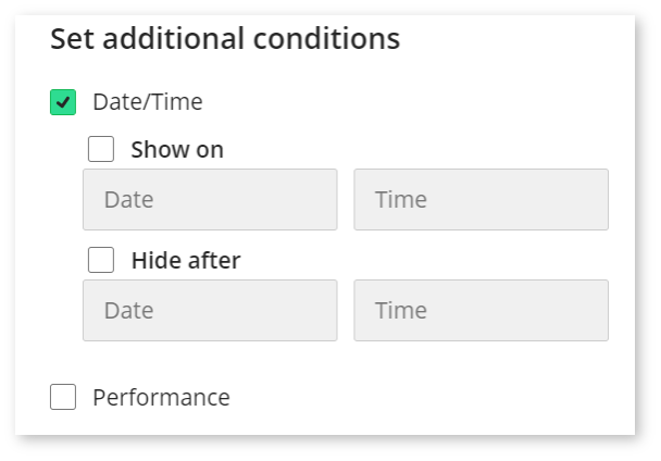 Image shows a screenshot of setting the Date/Time condition. First step - Date/Time box ticked.