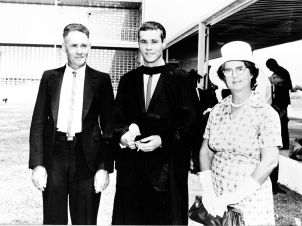Our first graduate - John Hayes following the graduation ceremony at the Pimlico site of the University College of Townsville in 1964.