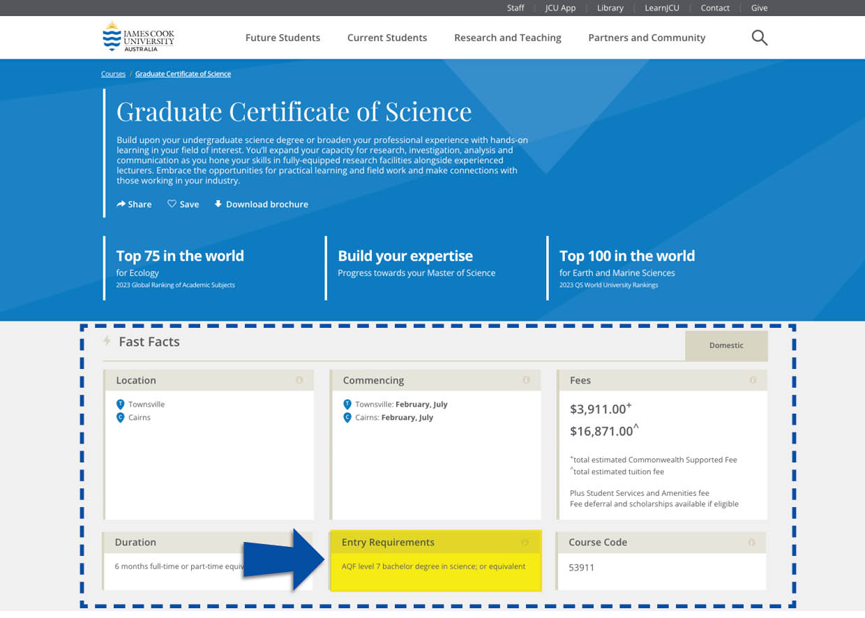 An image of the Fast Facts section of a  course page highlighting where the entry requirements can be found.