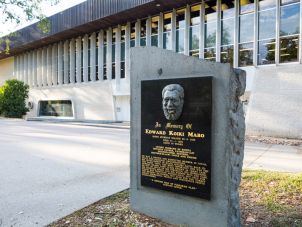 A plaque of Eddie Koiki Mabo outside the Eddie Koiki Mabo Library