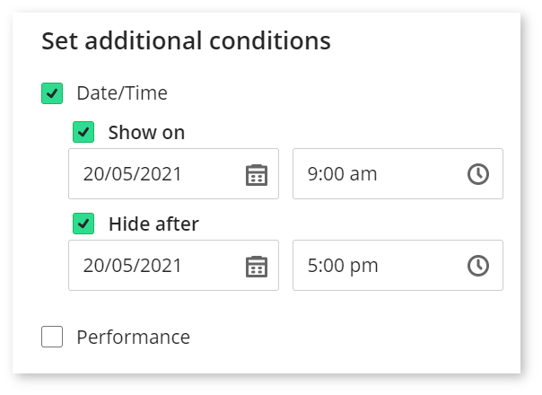 Image shows a screenshot of setting the Date/Time condition. Second step - 'Hide after' box ticked and date and time specified..