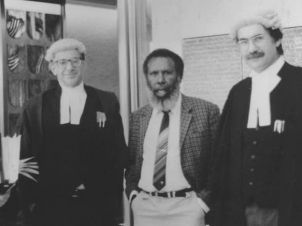 Barrister Ron Castan, Eddie Mabo and barrister Bryan Keon-Cohen at the High Court of Australia 1991.