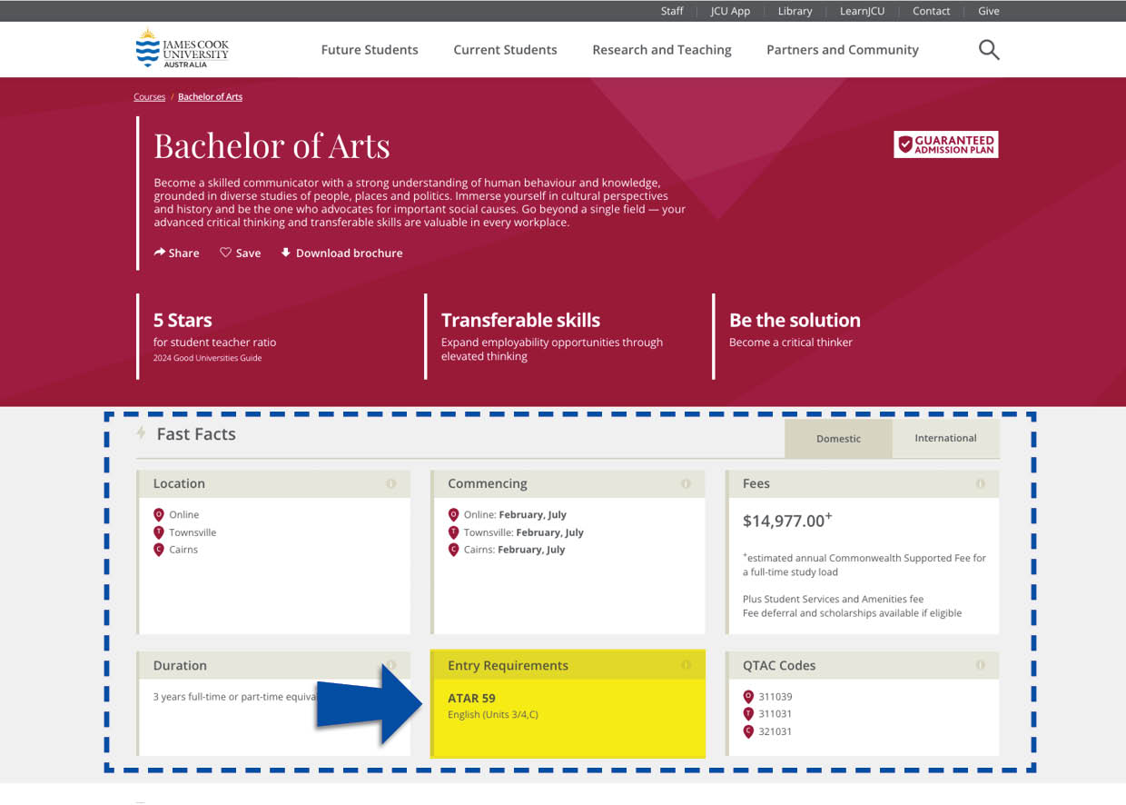 An image of the Fast Facts section of a  course page highlighting where the entry requirements can be found.