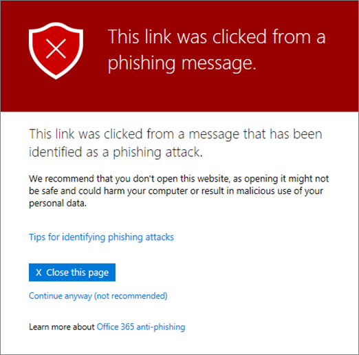 message when a link is identified as phishing